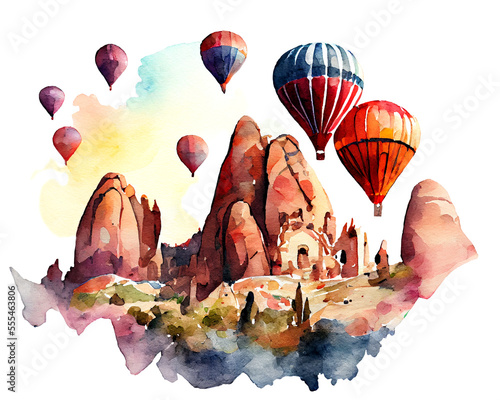 Fototapet Watercolor colorful hot air balloons at Cappadocia. AI generated