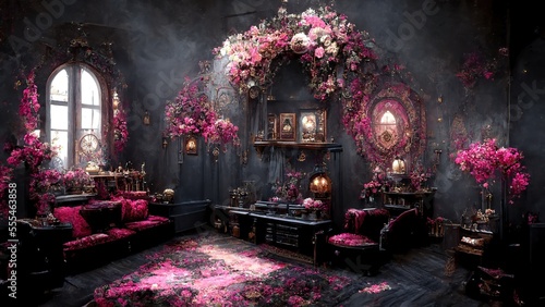 Gothic home with touch of pink flowers. Fantasy place. Generative ai. © FantasyEmporium