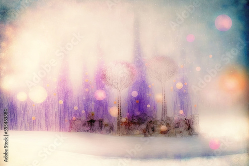 Winter Fantasy Soft Purple Pink Gold Delicate Background with Trees