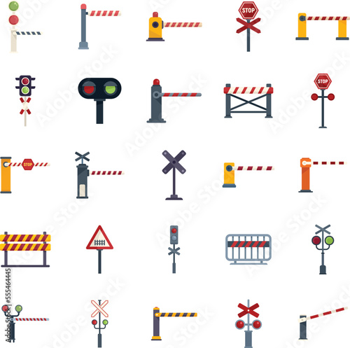 Railroad barrier icons set flat vector. Crossing railway. Sign barrier isolated