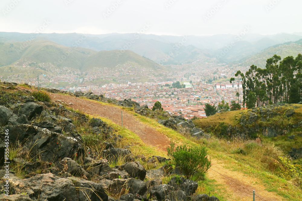 Aerial View of the Cuzco Old City as Seen from Q'Enqo Ritual Cave Archaeological Complex, Cusco, Peru, South America