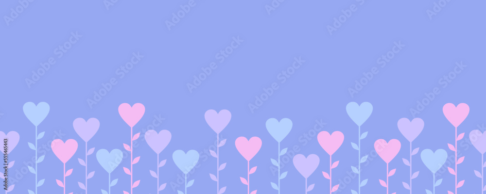 Pink, purple and blue hearts on stems on a purple background with copy space. Valentines day banner. Flat vector illustration