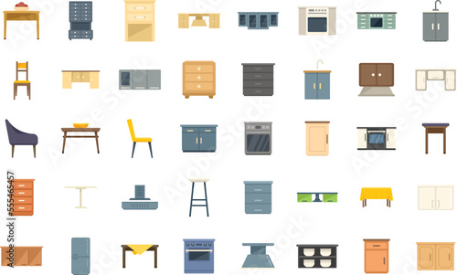 Kitchen furniture icons set flat vector. Apartment comfort. Fridge dinning isolated