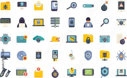Malware icons set flat vector. Cyber attack. Risk secure isolated