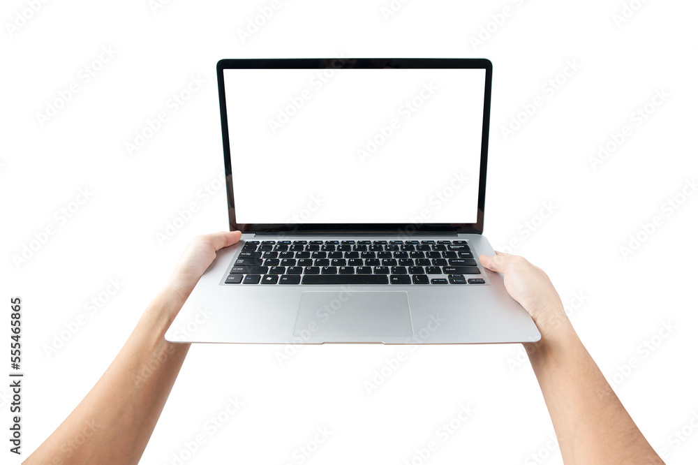 Hand holding laptop with blank screen isolated on white background Hand holding laptop with blank screen isolated on white background