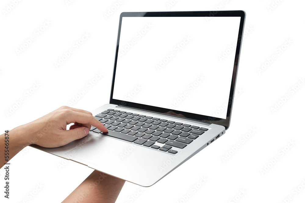 Hand holding laptop with blank screen isolated on white background Hand holding laptop with blank screen isolated on white background