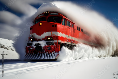 Red train plowing thrugh deep snow , leaving a mist of snow behind it, Generative AI illustration photo