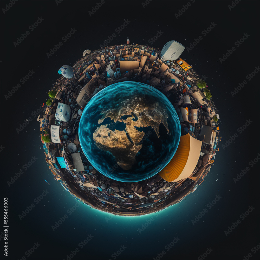 Obraz premium Illustration of space junk view from space. Concept of space junk and waste