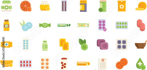 Cough drops icons set flat vector. Pill medicine. Drugs disease isolated