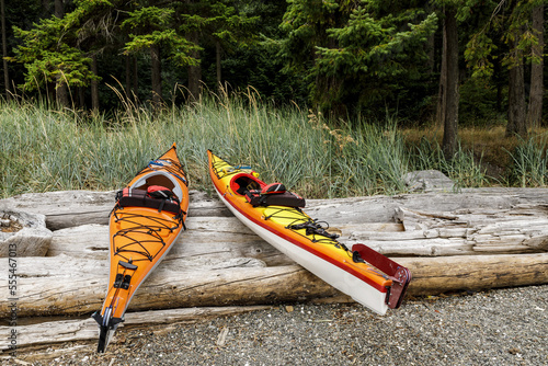 Kayaks on a small Islet at Beaumont Marine Park in Bedwell Harbour, South Pender Island; Pender Island, British Columbia, Canada. photo