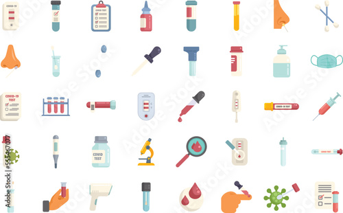 Covid test icons set flat vector. Corona prevention. Coronavirus kit isolated