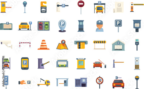 Paid parking icons set flat vector. Park gate. Garage place isolated