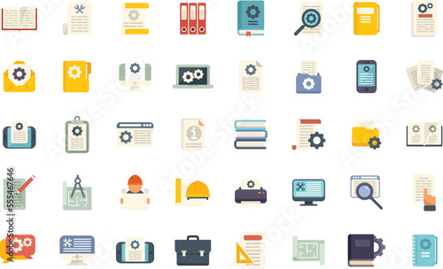 Technical document icons set flat vector. Building manual. Plan paper isolated