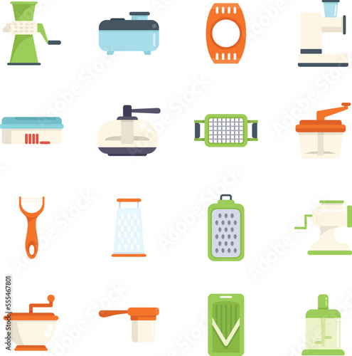 Vegetable cutter icons set flat vector. Chopper appliance. Cooking dicer isolated