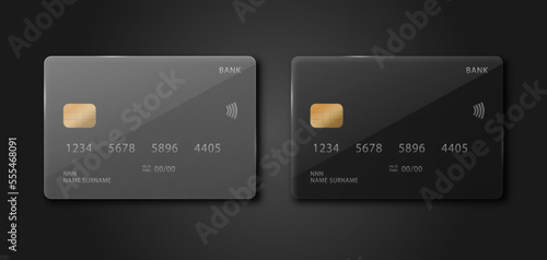 A set of credit cards on a black background. Realistic layouts of bank cards. Vector illustration.