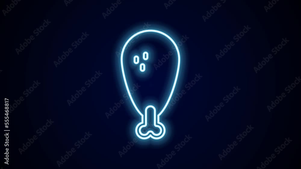 Glowing neon line Chicken leg icon isolated on black background. Chicken drumstick. 4K Video motion graphic animation Glowing neon line Chicken leg icon isolated on black background. Chicken drumstick. 4K Video motion graphic animation