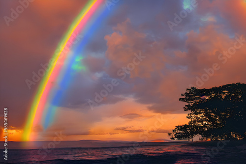 rainbow over the sea with tree Generated by AI.