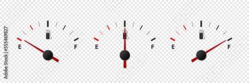 Vector 3d Realistic Gas Fuel Tank Gauge, Oil Level Bar Set Isolated. Full and Empty. Display Board, Fuel Gauge Panel, Car Dashboard Details. Fuel Indicator, Gas Meter, Sensor. Design Template