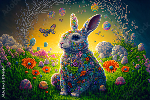 Adorable Bunny With Easter Eggs In Flowery