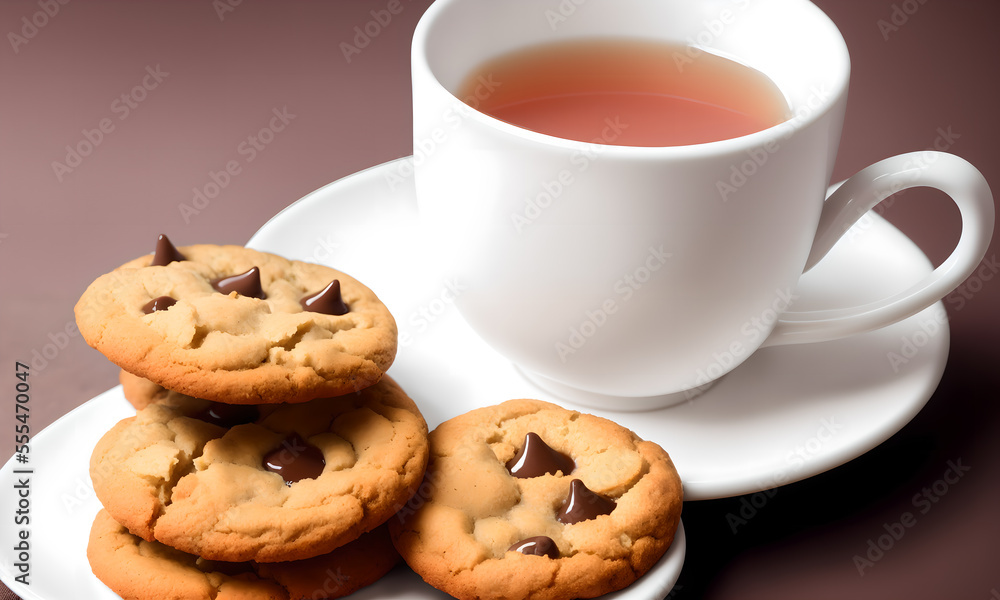 Cup of hot tea with chocolate chip cookies and space for text Cup of hot tea with chocolate chip cookies and space for text