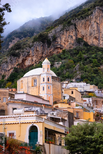 Touristic Town, Positano, on Rocky Cliffs and Mountain Landscape by the Tyrrhenian Sea. Amalfi Coast, Italy.