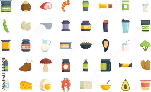 Protein nutrient icons set flat vector. Fat fiber. Nutrition dietary isolated