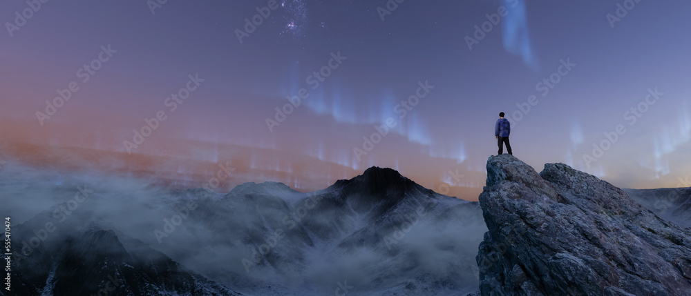 Adventure Man on top of Rocky Mountain Landscape. Nature Background. Cloudy Sky at Night with milky way, stars and norther lights. 3d Rendering