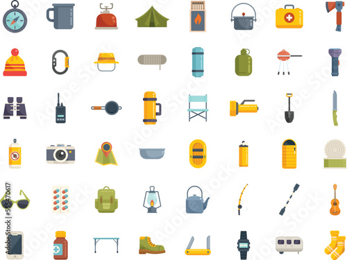 Equipment for hike icons set flat vector. Hiker backpack. Shoes hiking isolated