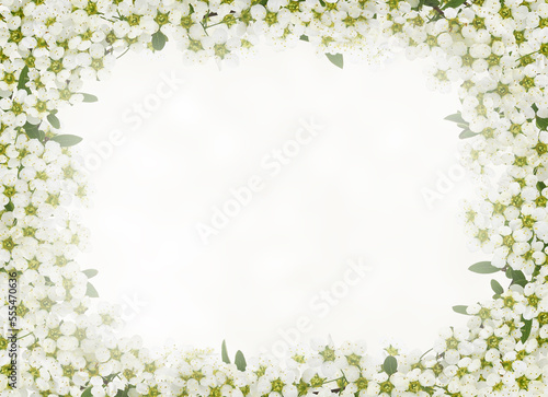 Spring twigs of spiraea flowers in a floral frame on white background © Ortis