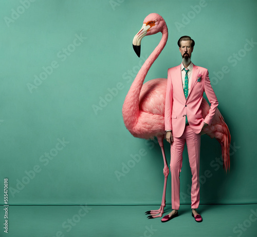 A pink illustrated flamingo standing next to dressed man in elegant, modern clothing. Abstract animal portrait. Man with his pet tropical flamingo. Illustration, Generative AI. photo