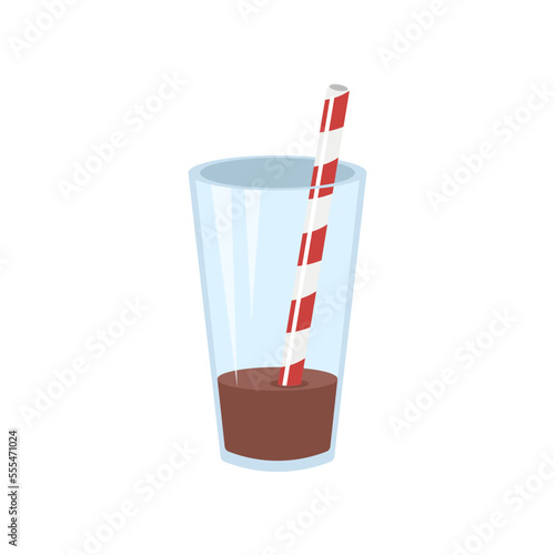 Almost empty glass of chocolate drink flat vector illustration. Cartoon drawing of cup with cocoa, chocolate milk, cocktail or milkshake with straw on white background. Beverage, food, dessert concept