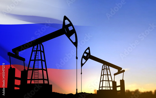 Silhouette of Oil pump. Industrial machine for petroleum on background of sunset. Russia Oil industry concept. EPS10 vector