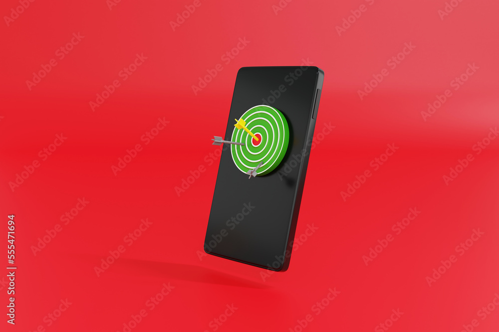 3D rendering Arrow target on dartboard with smartphone on red background. Concept of success solution, Business achieving goals, startup mobile application 3D rendering Arrow target on dartboard with smartphone on red background. Concept of success solution, Business achieving goals, startup mobile application