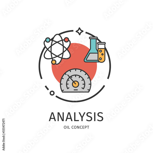 Oil Industry Thin Line Icon Analysis Concept Include of Level Indicator, Molecule and Flask. Vector illustration