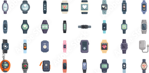 Wearable tracker icons set flat vector. Fitness bracelet. Wristband digital isolated