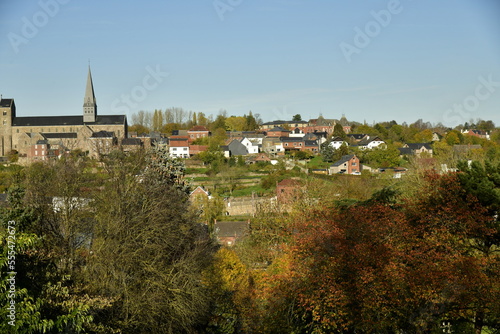 Vallée verdoyante de la Sambre et au fond la petite ville de Lobbes en Hainaut 
