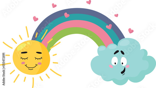 Cute weather characters. Happy face sun and cloud with rainbow