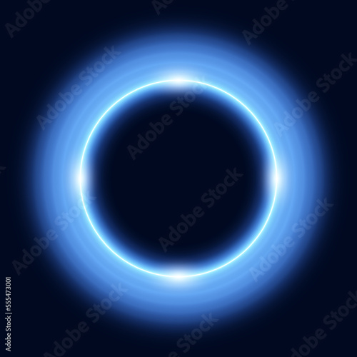 Blue neon glowing circle, dark background, vector illustration.