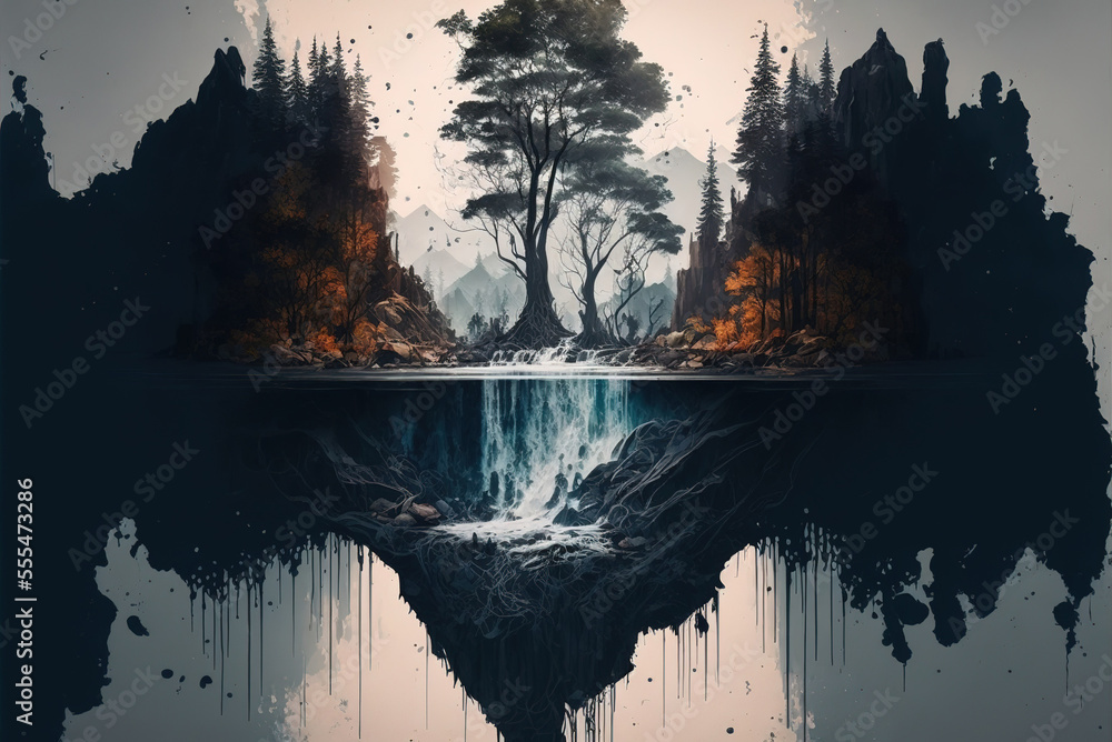 Inception like landscape with trees and waterfall, dark water paint ...