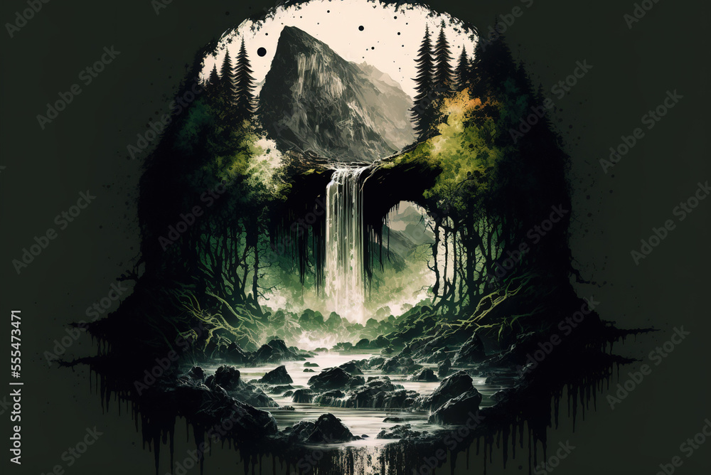 Inception like landscape with trees and waterfall, dark water paint ...