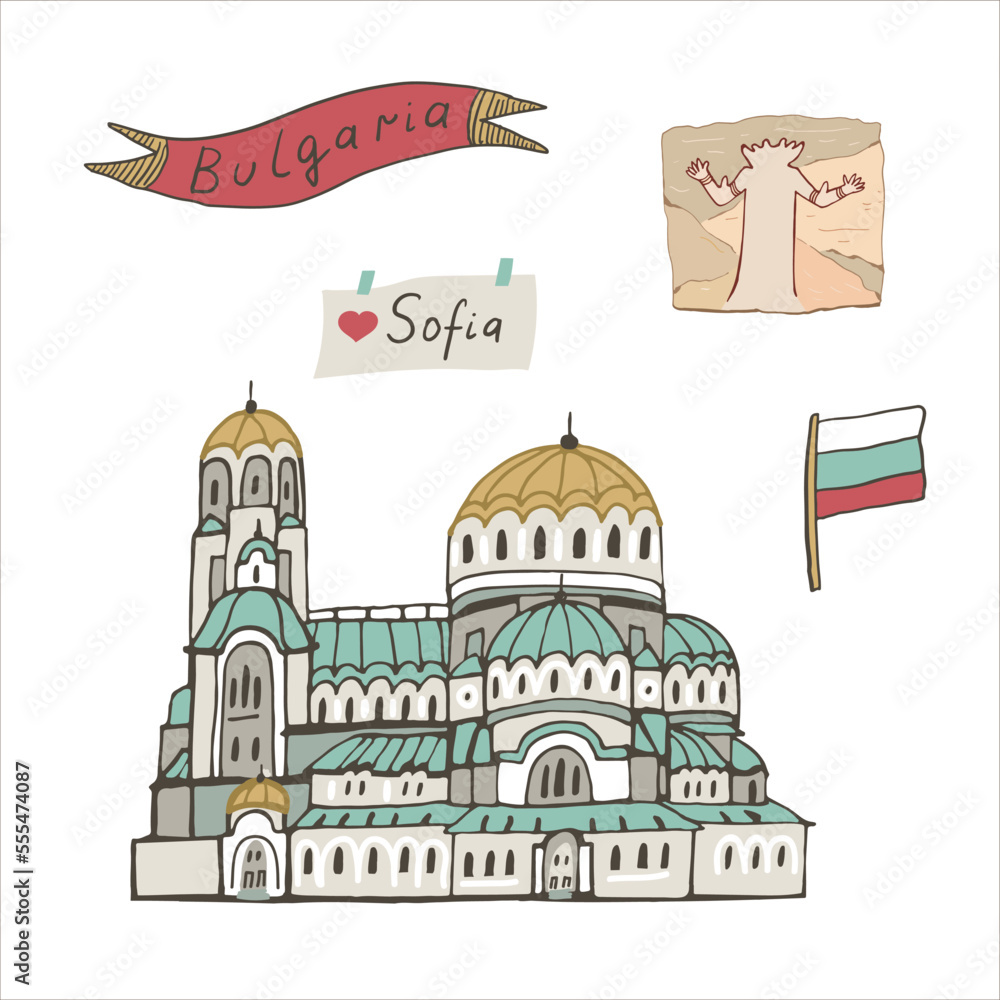 Bulgaria Sofia travel landmark vector illustrations set.