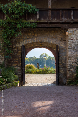 Gate in old stone portal of castle in Eltville, Germany, Rhineland, Europe