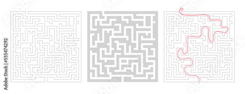 Square maze for kids. Simple puzzle: "Linear maze". Vector illustration of a children's toy. Easy medium to high difficulty. Labyrinth with entrance and exit. Set of 3 mazes, no hints and with clues