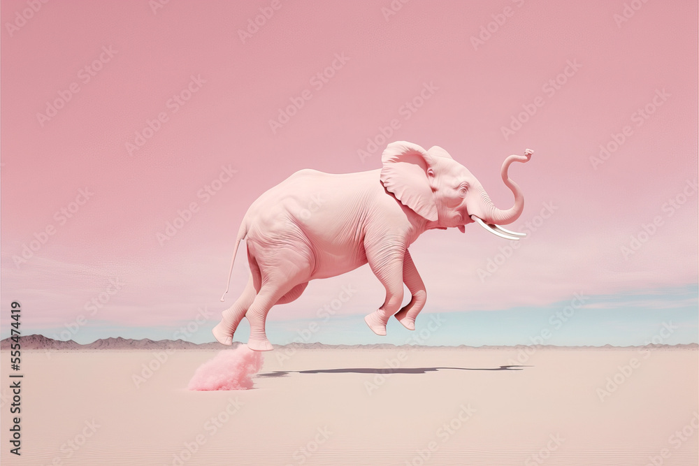 An abstract, minimal landscape with a pastel pink wild elephant gracefully hopping across the desert. A beautiful elegant animal. Illustration, Generative AI. - obrazy, fototapety, plakaty 