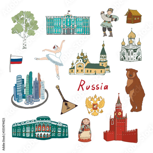 Russia travel landmark vector illustrations set.