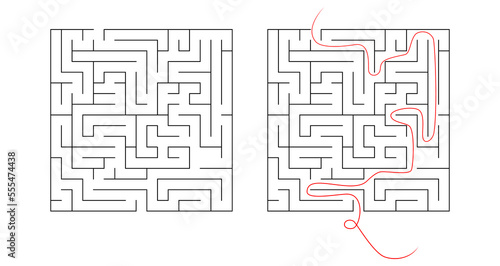 Square maze for kids. Simple puzzle: "Linear maze". Vector illustration of a children's toy. Easy medium to high difficulty. Labyrinth with entrance and exit. Set of 2 mazes, without clues with clues