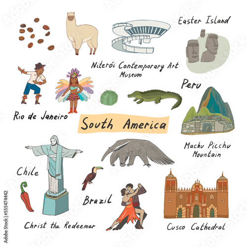 South America travel landmark vector illustrations set.
