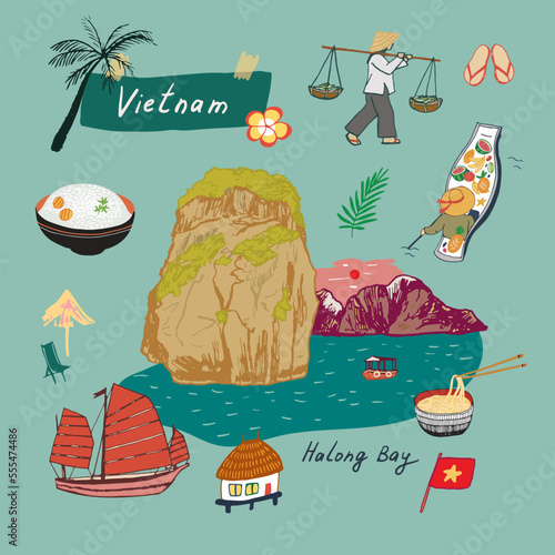 Vietnam travel landmark vector illustrations set.