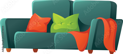 Green sofa with cushion and blanket. Cozy cartoon furniture
