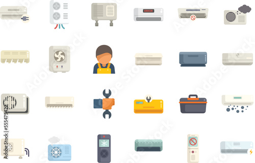 Repair air conditioner icons set flat vector. Install hvac. Air pump isolated